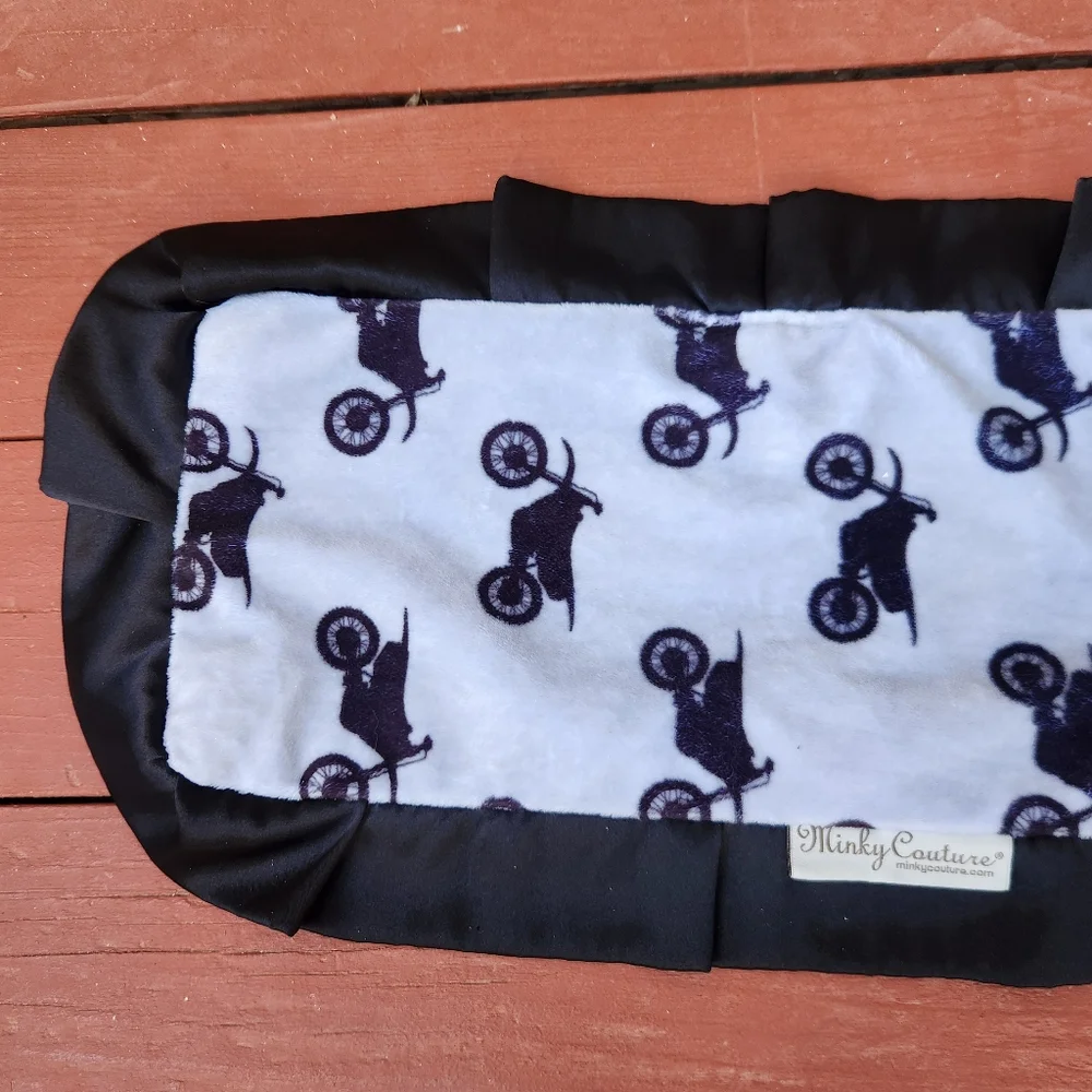 MINKY COUTURE Baby Burp Cloth Security Blanket Black Motorcycle Print Ruffle - Picture 2 of 10